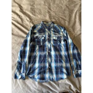 Straight Faded Mens Blue White Plaid Western Button Down Shirt Long Sleeve